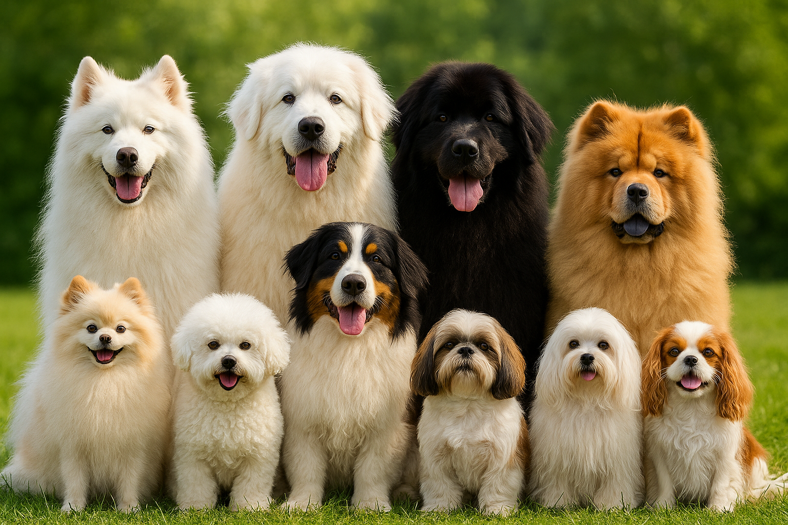Group of all fluffy dog breeds