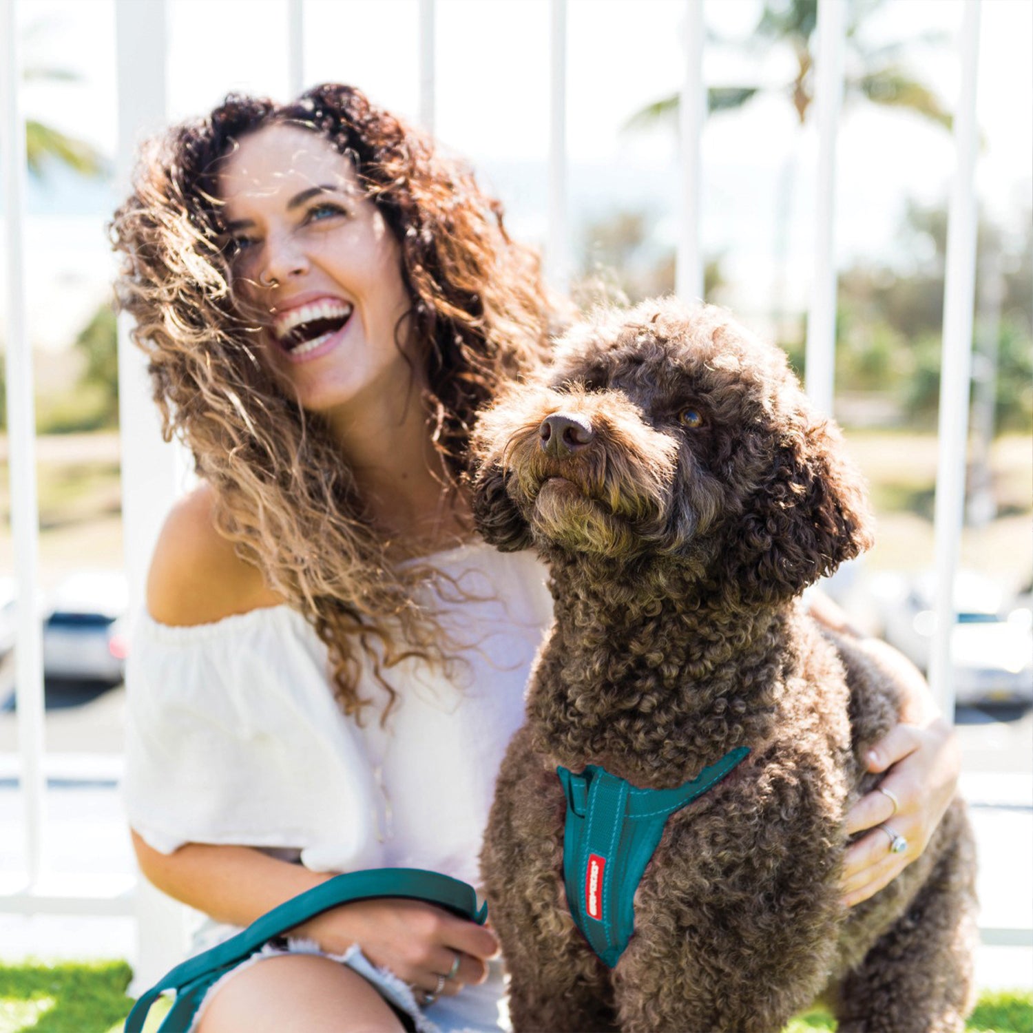 Woman smiling joyfully while sitting outside with her curly-haired brown dog wearing teal dog harness and leash.