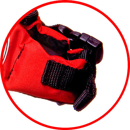 Red and black glove with a red circle around it on a white background