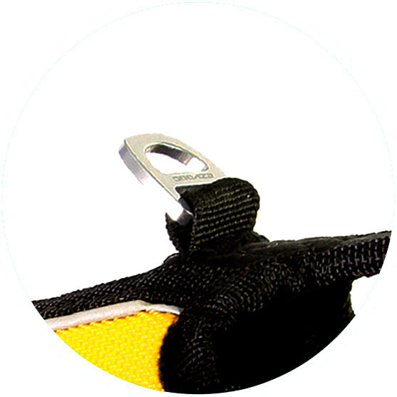 Close-up of a black strap with a metal clip on a white background