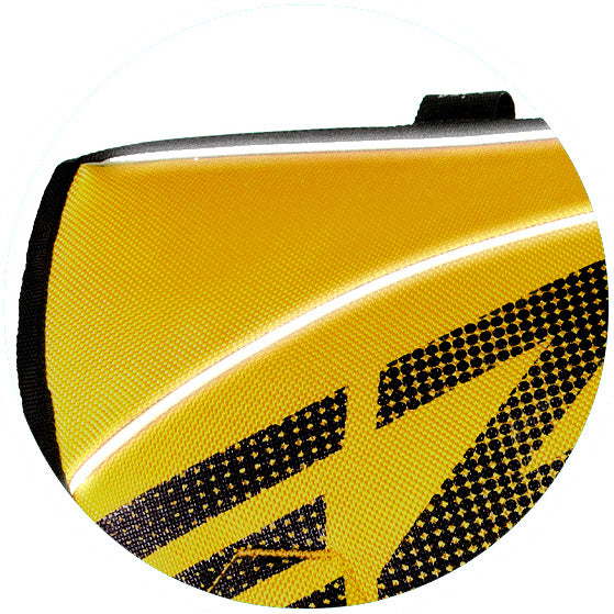 Yellow and black sports ball with a prominent brand logo on a white background