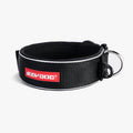 Black dog collar with a red EzyDog label on a white background