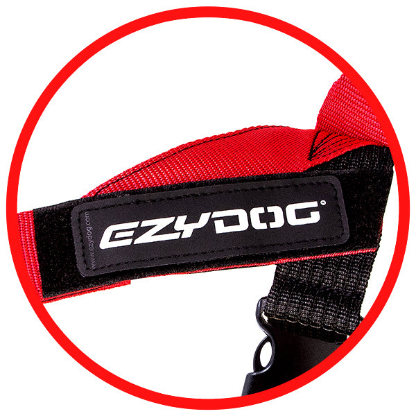 Red dog leash with EzyDog label on a white background