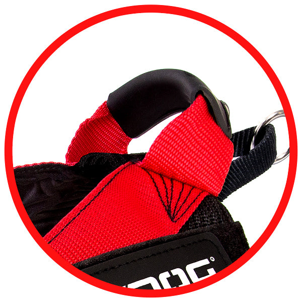 Close-up of a red and black dog harness with a brand logo on a white background.