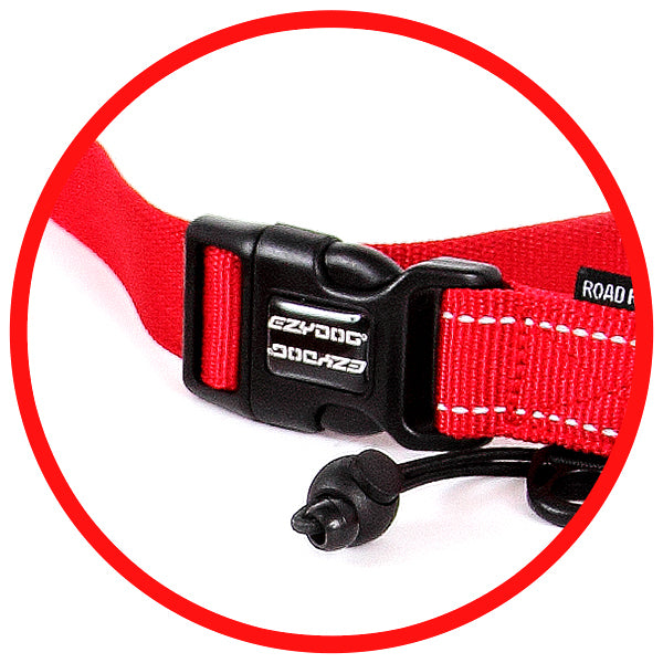 Red dog leash with black buckle on a white background
