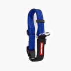 Horizontal front view of a blue checkmate collar in white background