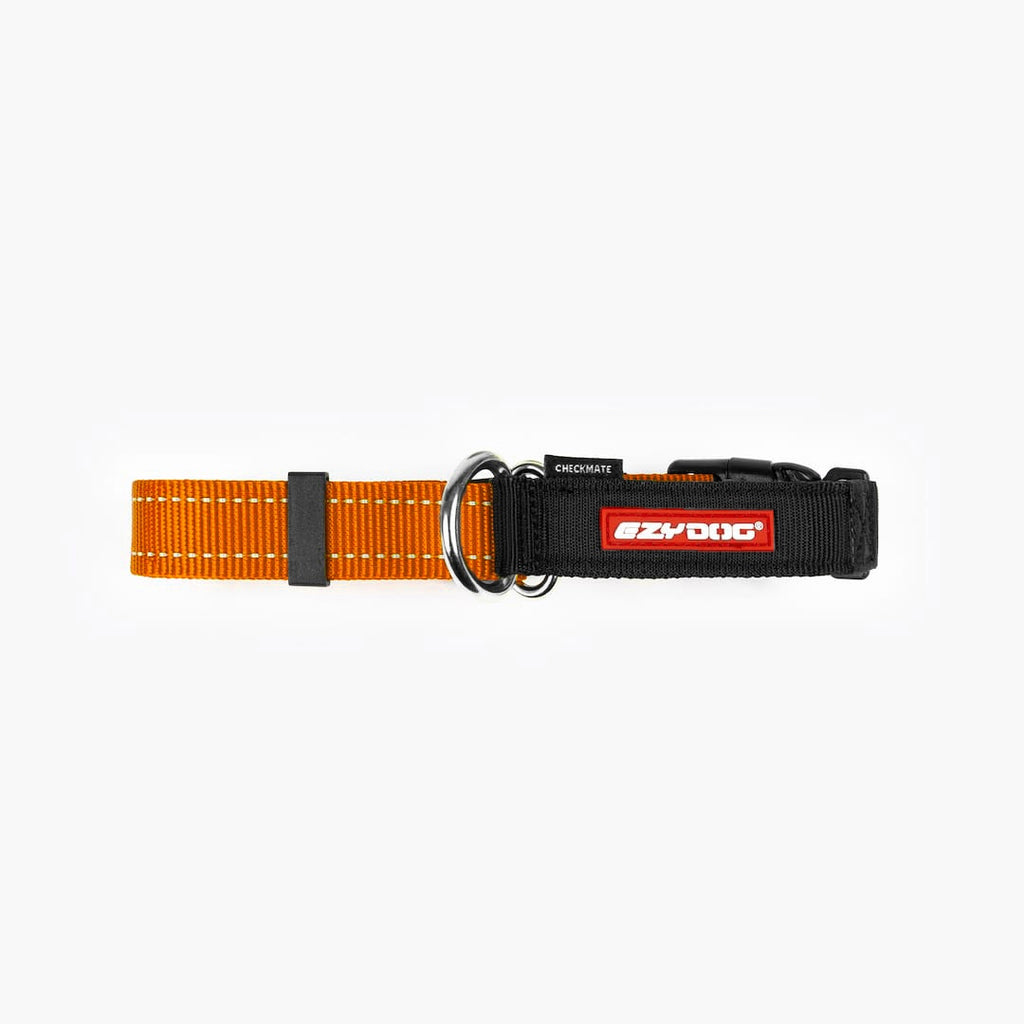 Front view of an orange checkmate collar in a white background