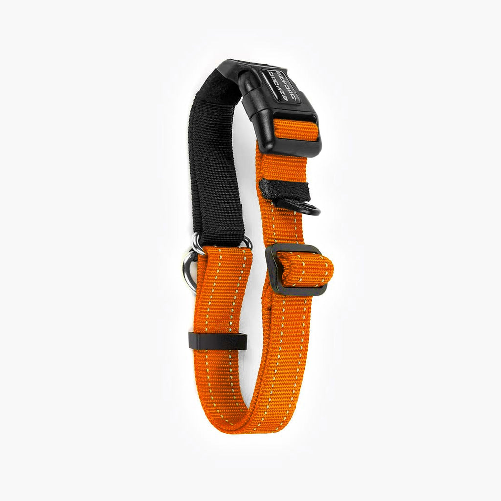 Horizontal back view of an orange checkmate collar in a white background