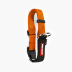 Horizontal front view of an orange checkmate collar in a white background