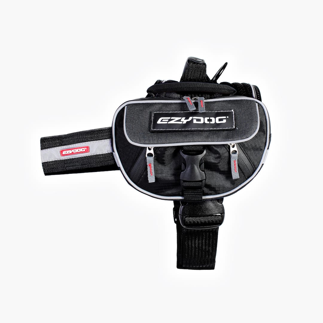 A black dog backpack with the EzyDog brand logo, featuring a large main compartment and a quick-access front section, with reflective trim for safety.