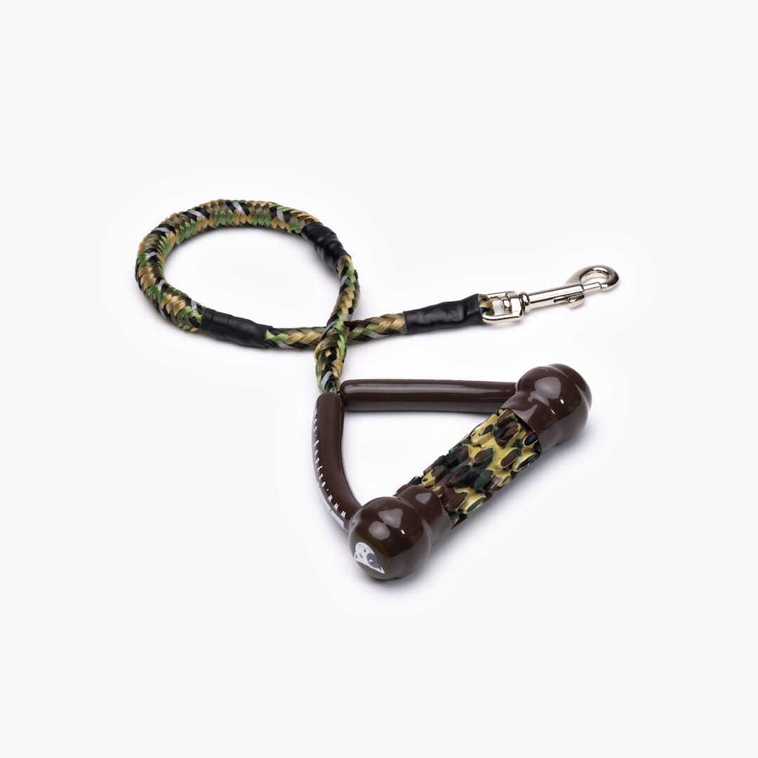 A black and green shock-absorbing dog leash with a handle and metal clasp.