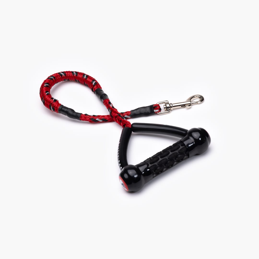 A red shock-absorbing dog leash with a handle and metal clasp.