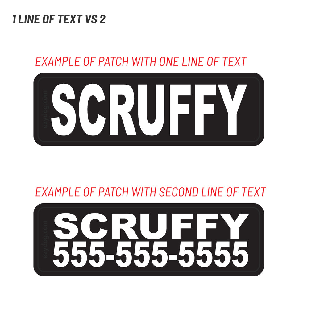 Two rectangular black patches with rounded corners on a white background, each showing the word 'SCRUFFY' in large white letters. The top patch has one line of text above it in red, and the bottom patch has a phone number in red.