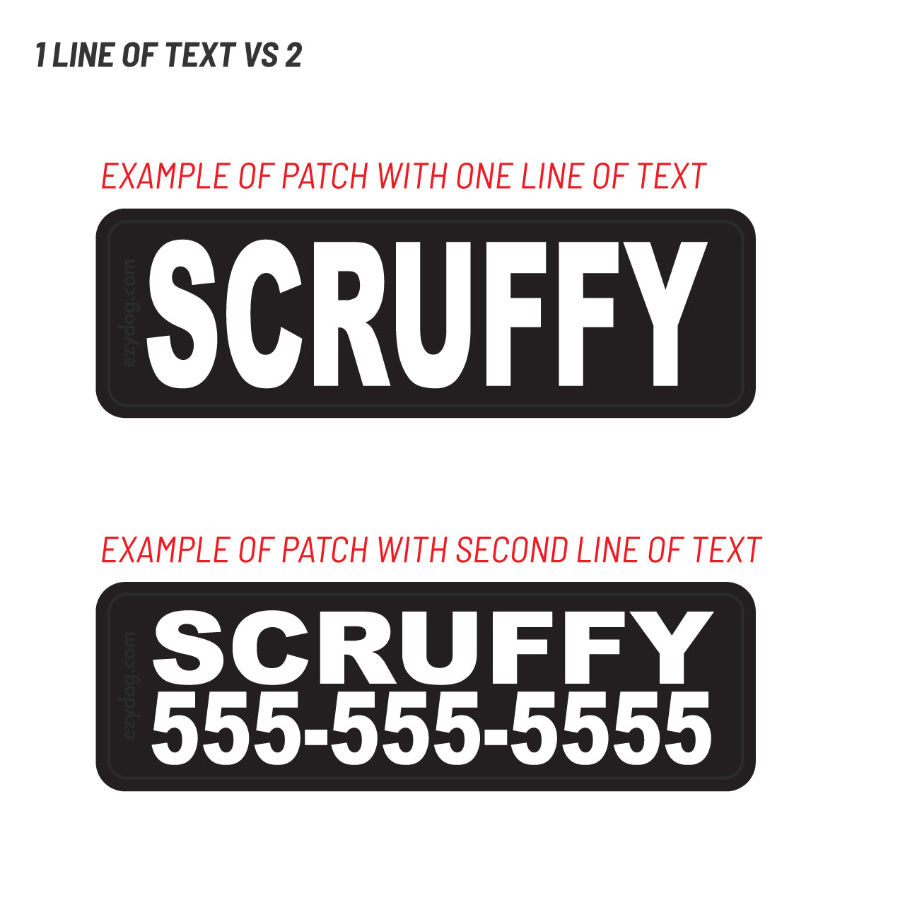 Two rectangular black patches with rounded corners on a white background, each showing the word 'SCRUFFY' in large white letters. The top patch has one line of text above it in red, and the bottom patch has a phone number in red.
