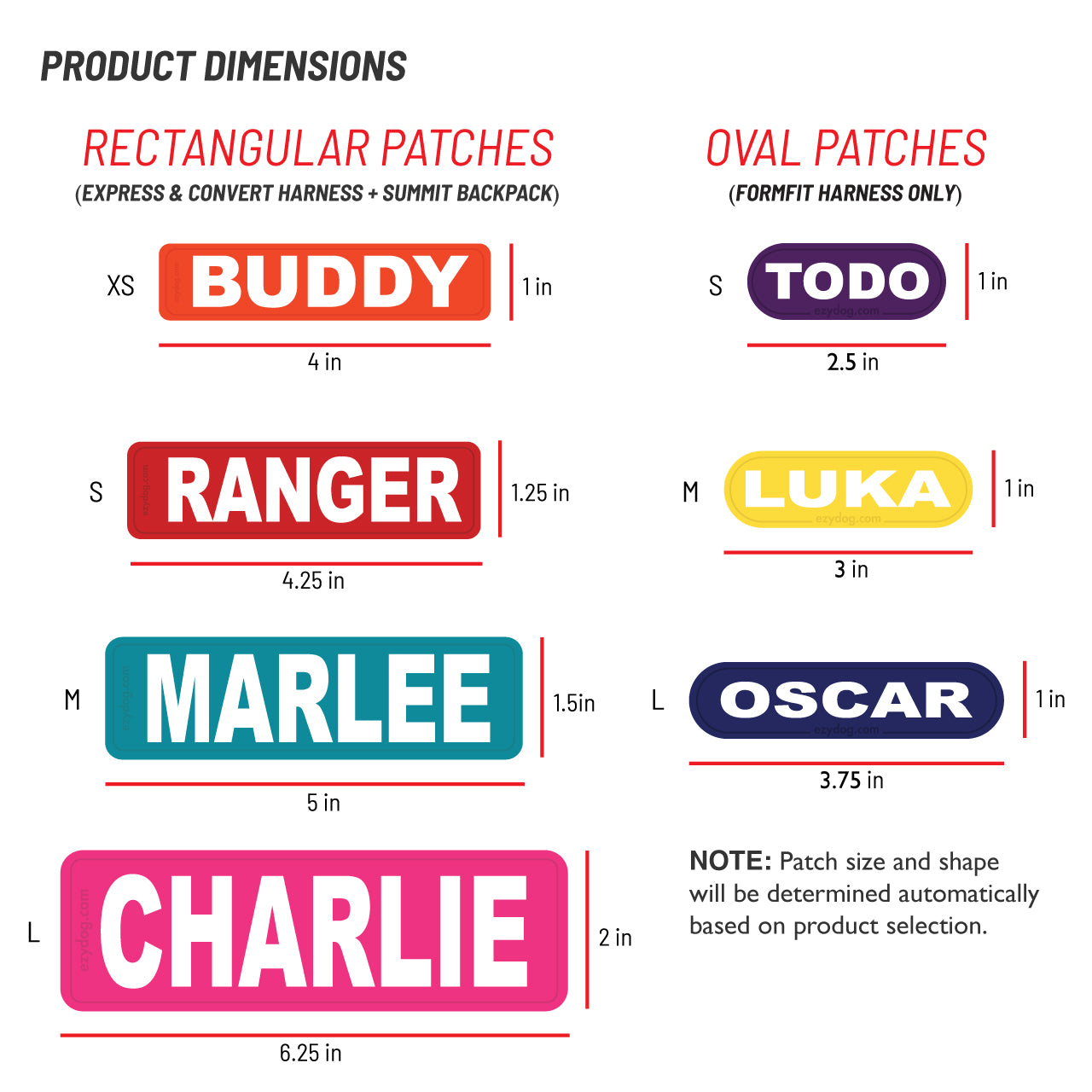 Product dimensions chart showing rectangular and oval patch options with size labels and example names: XS Buddy, S Ranger, M Marlee, L Charlie, S Todo, M Luka, and L Oscar, on a white background.
