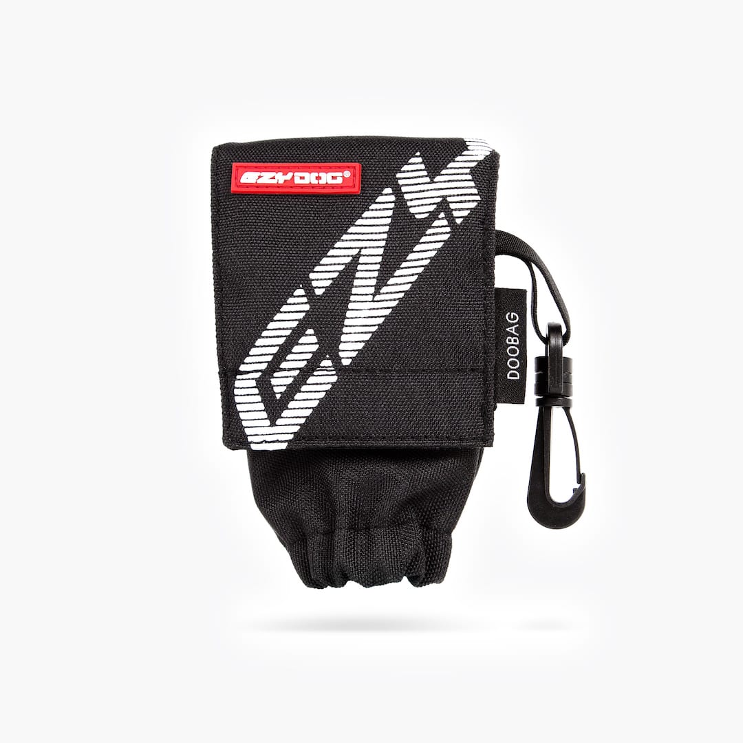 A black dog poop bag holder with a white 'EZY DOG' logo, featuring a clip for easy attachment to a leash.