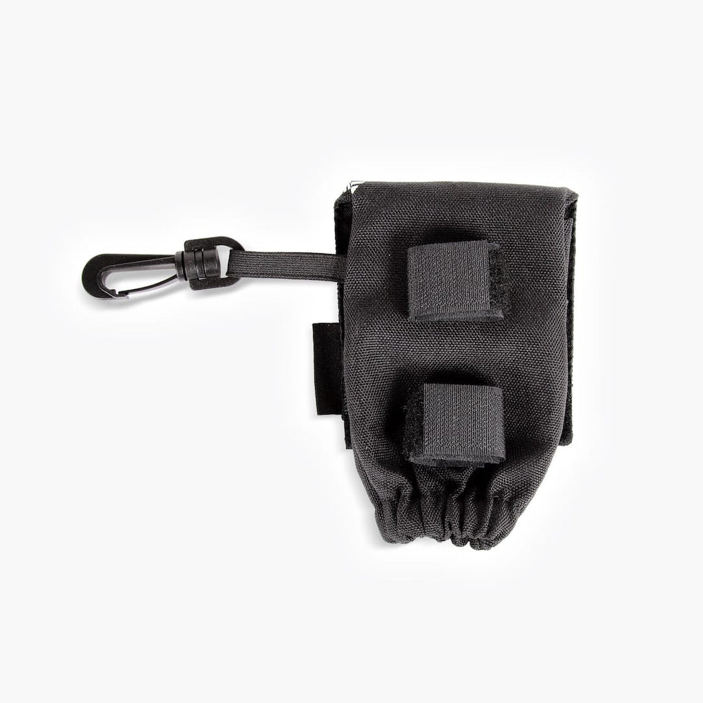 Black pouch with carabiner clip on a white background