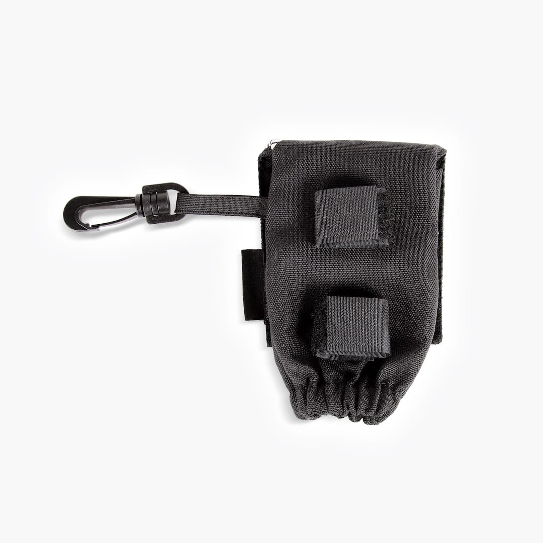 Black pouch with carabiner clip on a white background