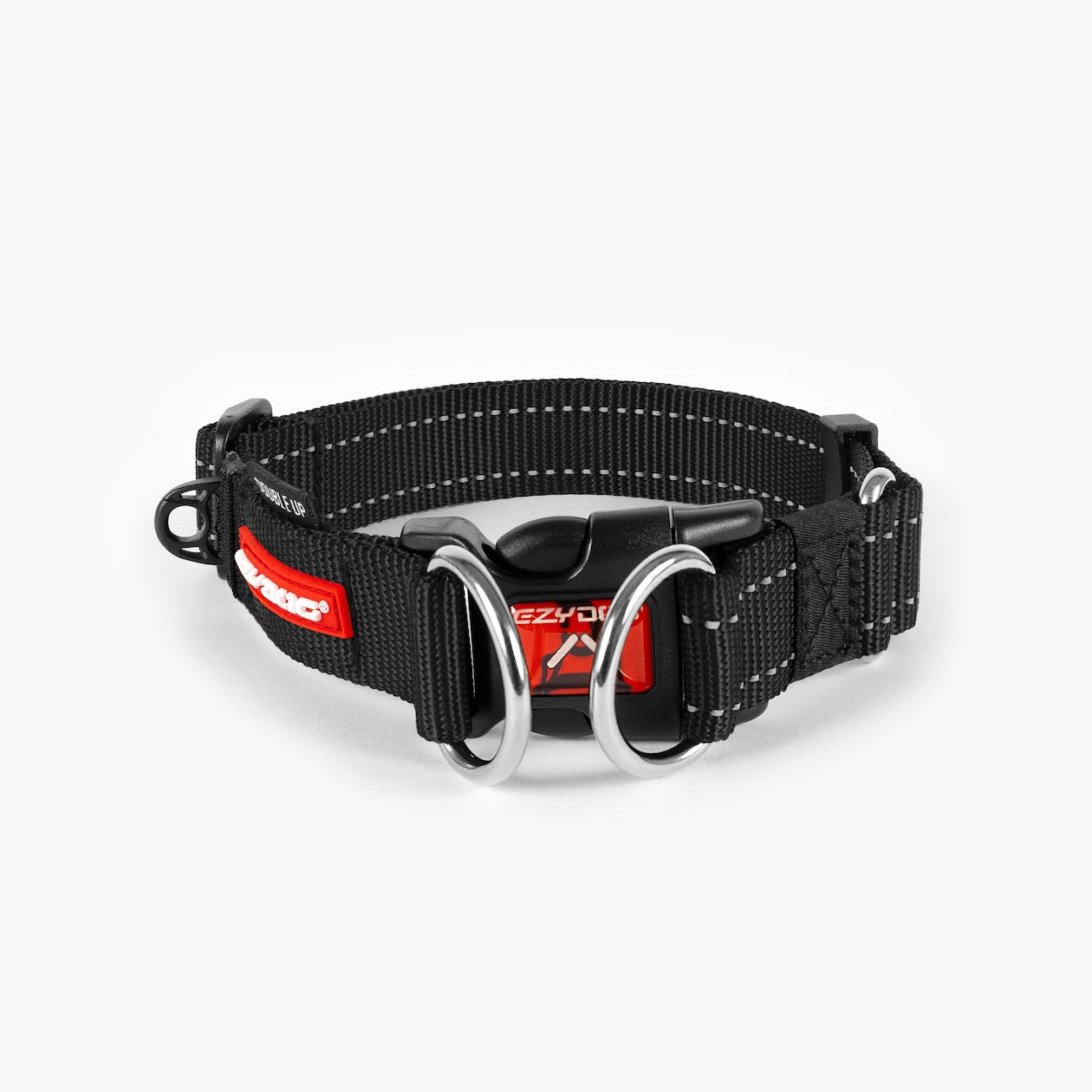 A black dog collar with a metal buckle, designed for durability and comfort.