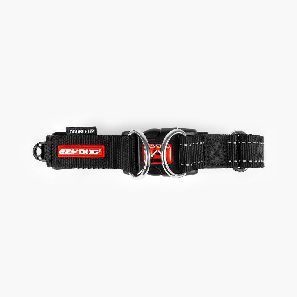 Black dog collar with red and white branding on a white background