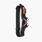 Black dog collar with red accents on a white background