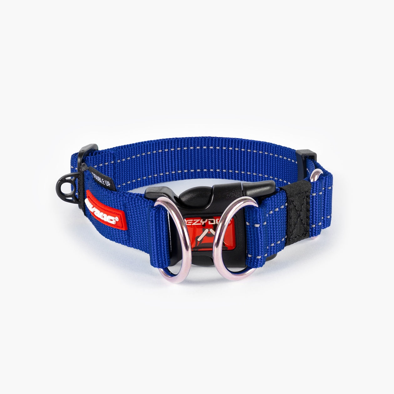 A blue dog collar with a metal buckle, designed for durability and comfort.