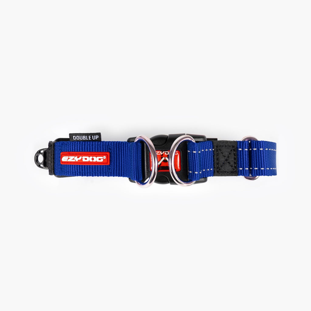 Blue dog collar with red and black accents on a white background