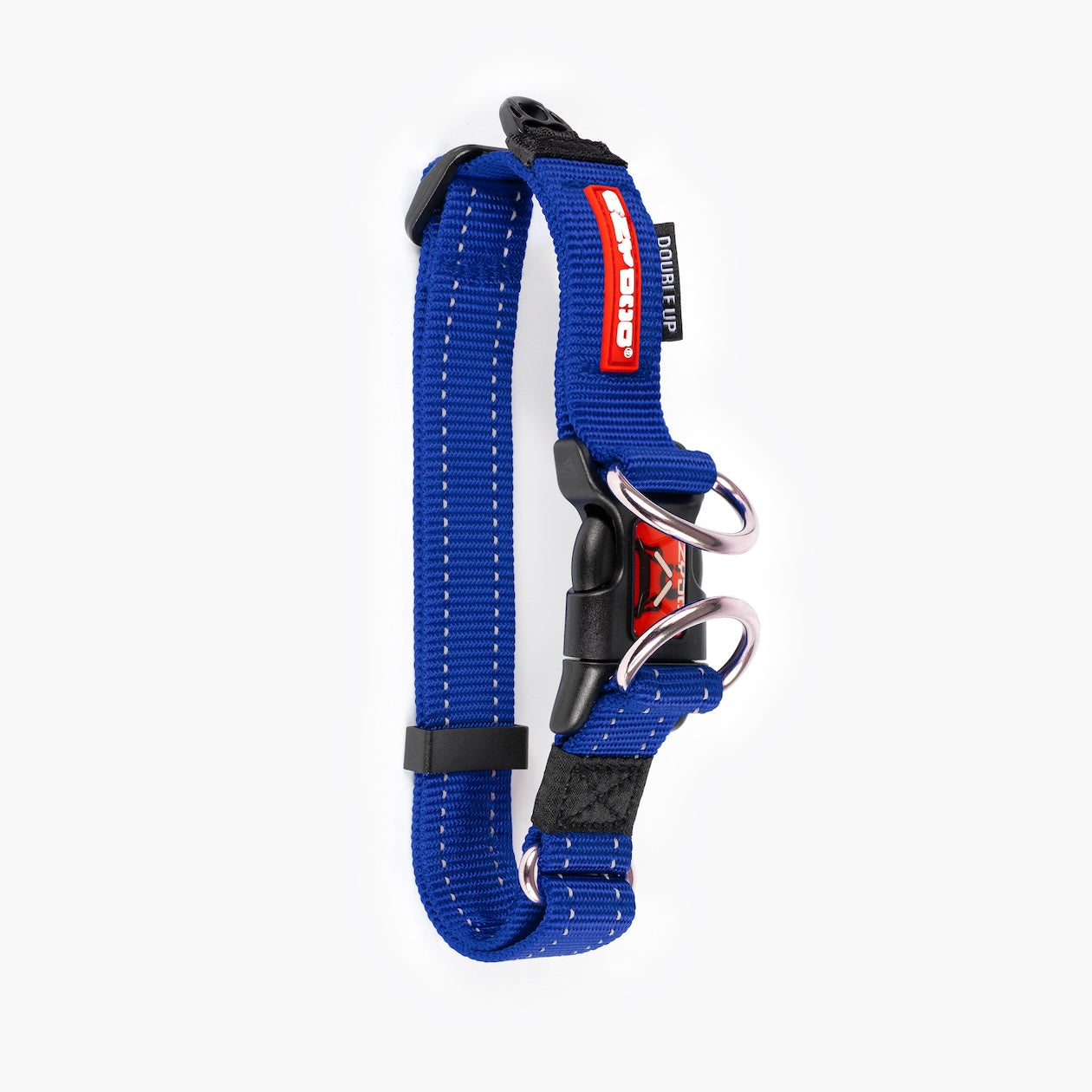 Blue dog collar with black and red accents on a white background
