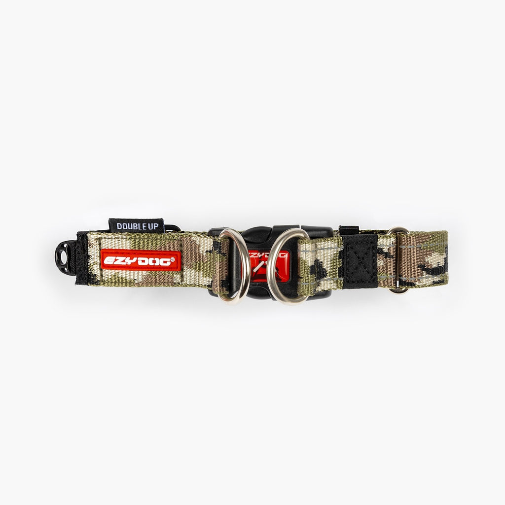 Camouflage dog collar with red and black accents on a white background