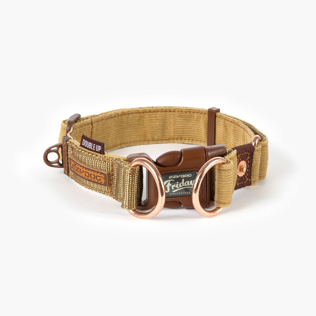 Brown dog collar with leather accents on a white background
