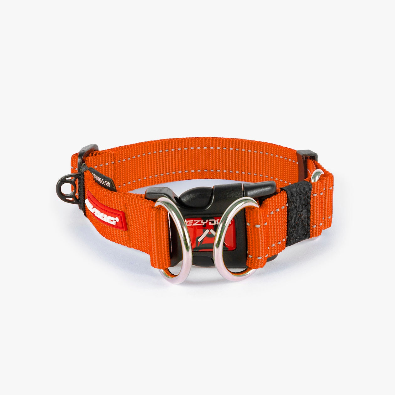 An orange dog collar with a metal buckle, designed for durability and comfort. 