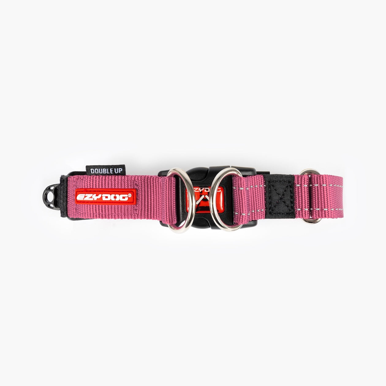 Pink and black dog collar with red tag on white background