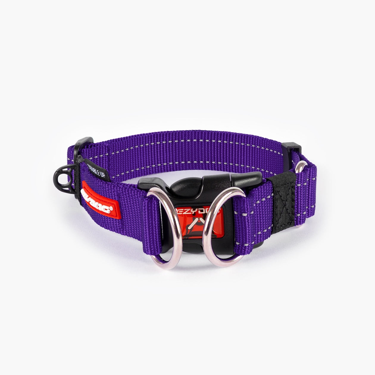 A purple dog collar with a metal buckle, designed for durability and comfort.
