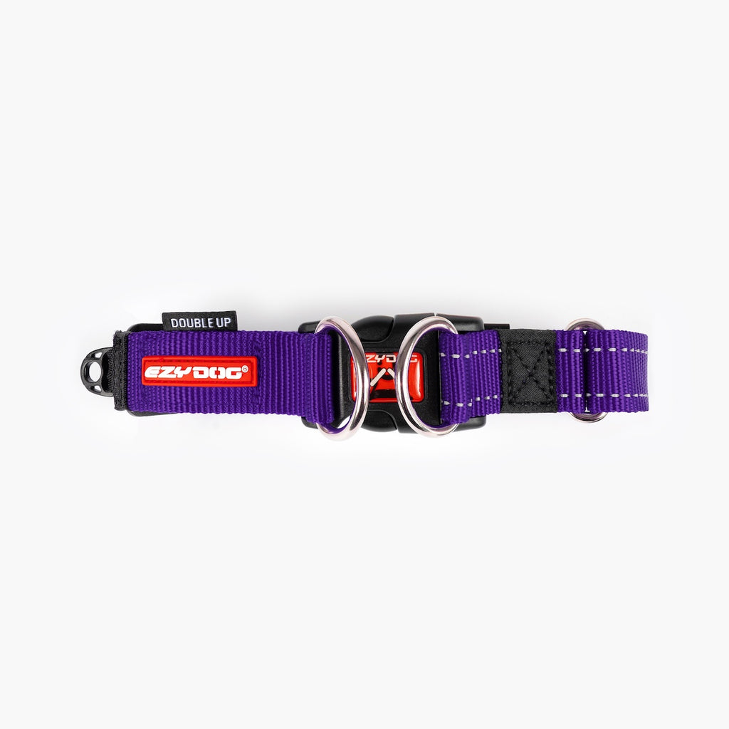 Purple dog collar with red and black accents on a white background