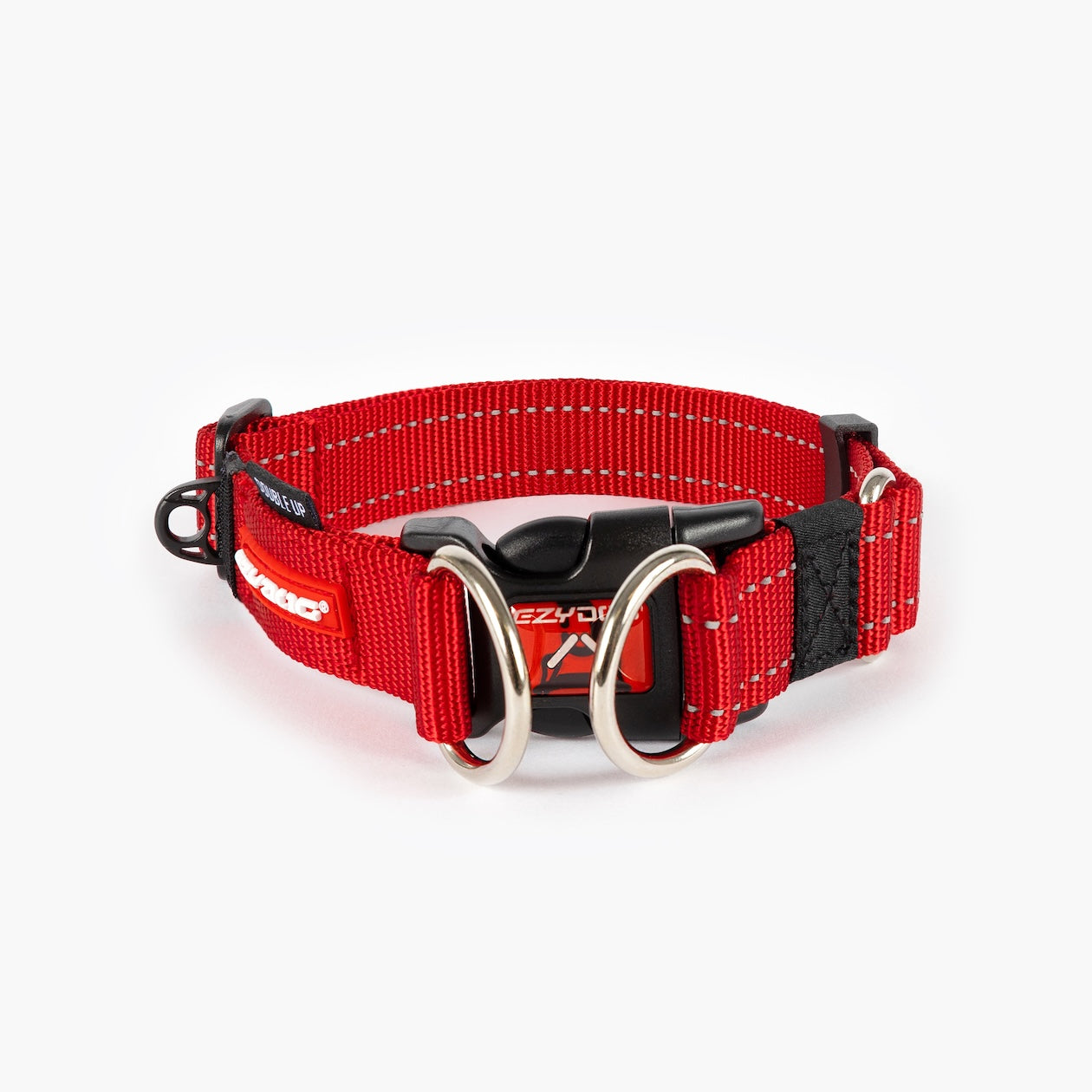 A red dog collar with a metal buckle, designed for durability and comfort.