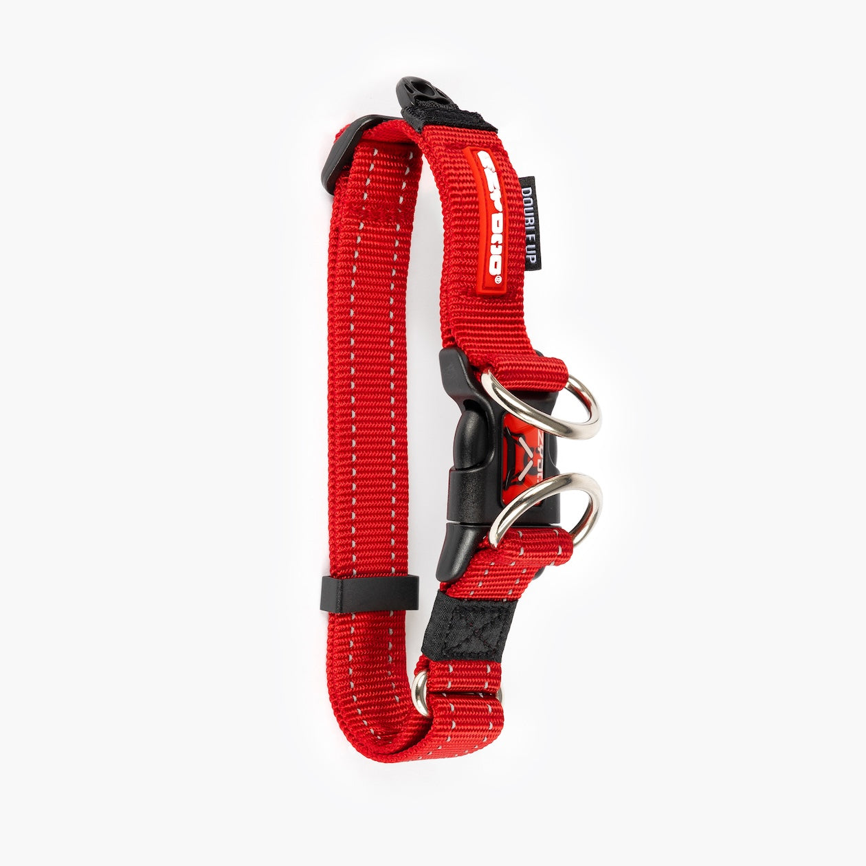 Red dog collar with black accents on a white background