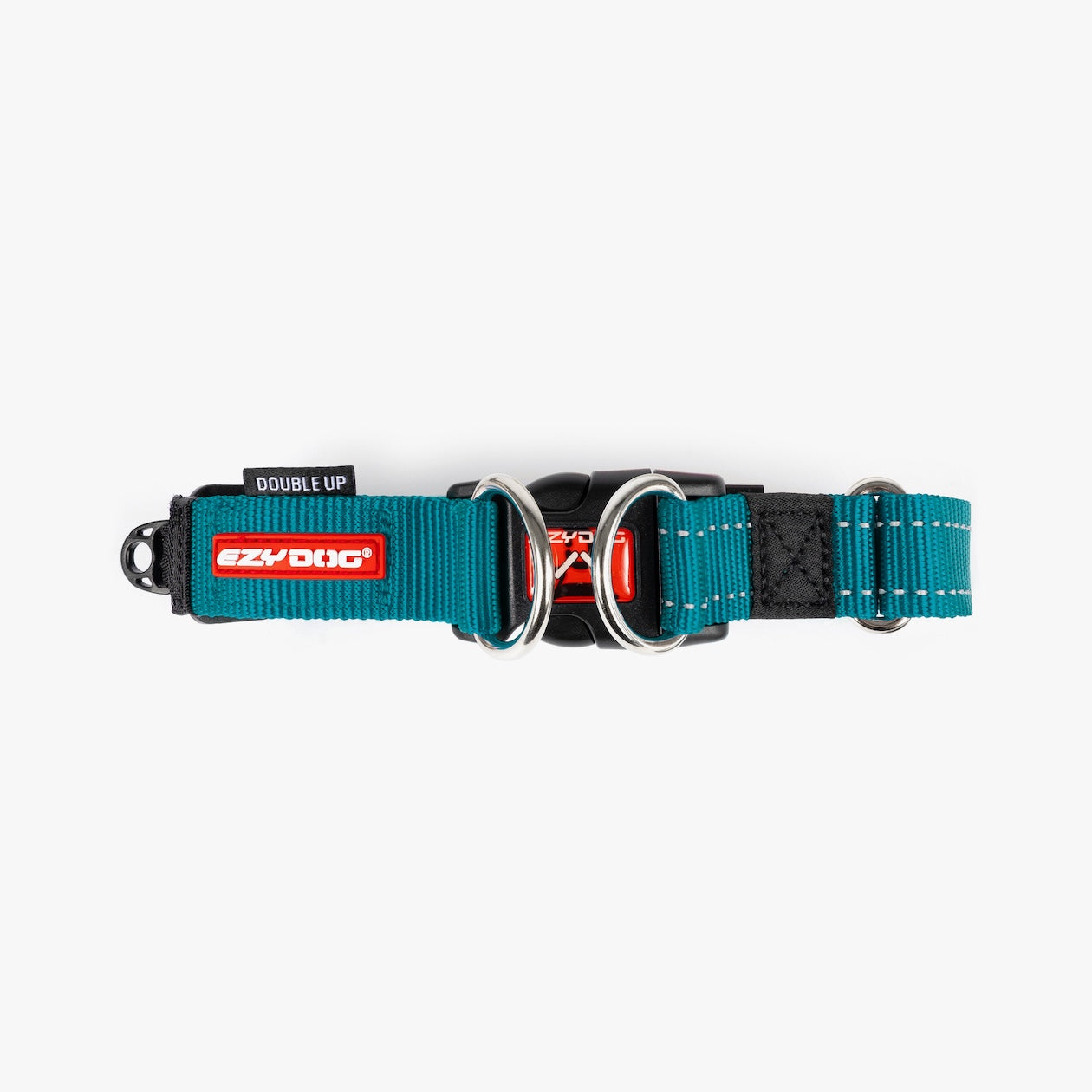 Teal dog collar with black strap on white background