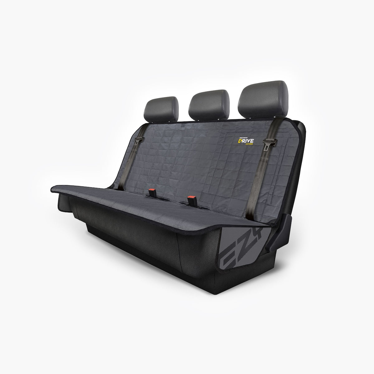 A hammock-style dog car seat cover with grey color, featuring headrest straps and a non-slip base.