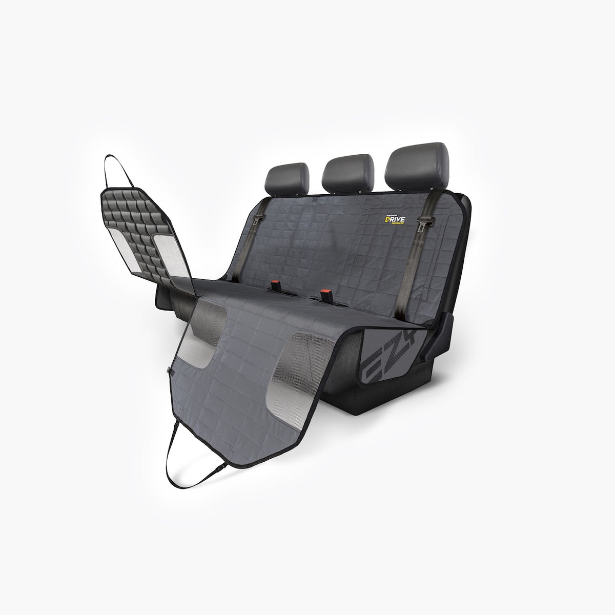 A hammock-style dog car seat cover with grey color, featuring headrest straps and a non-slip base.