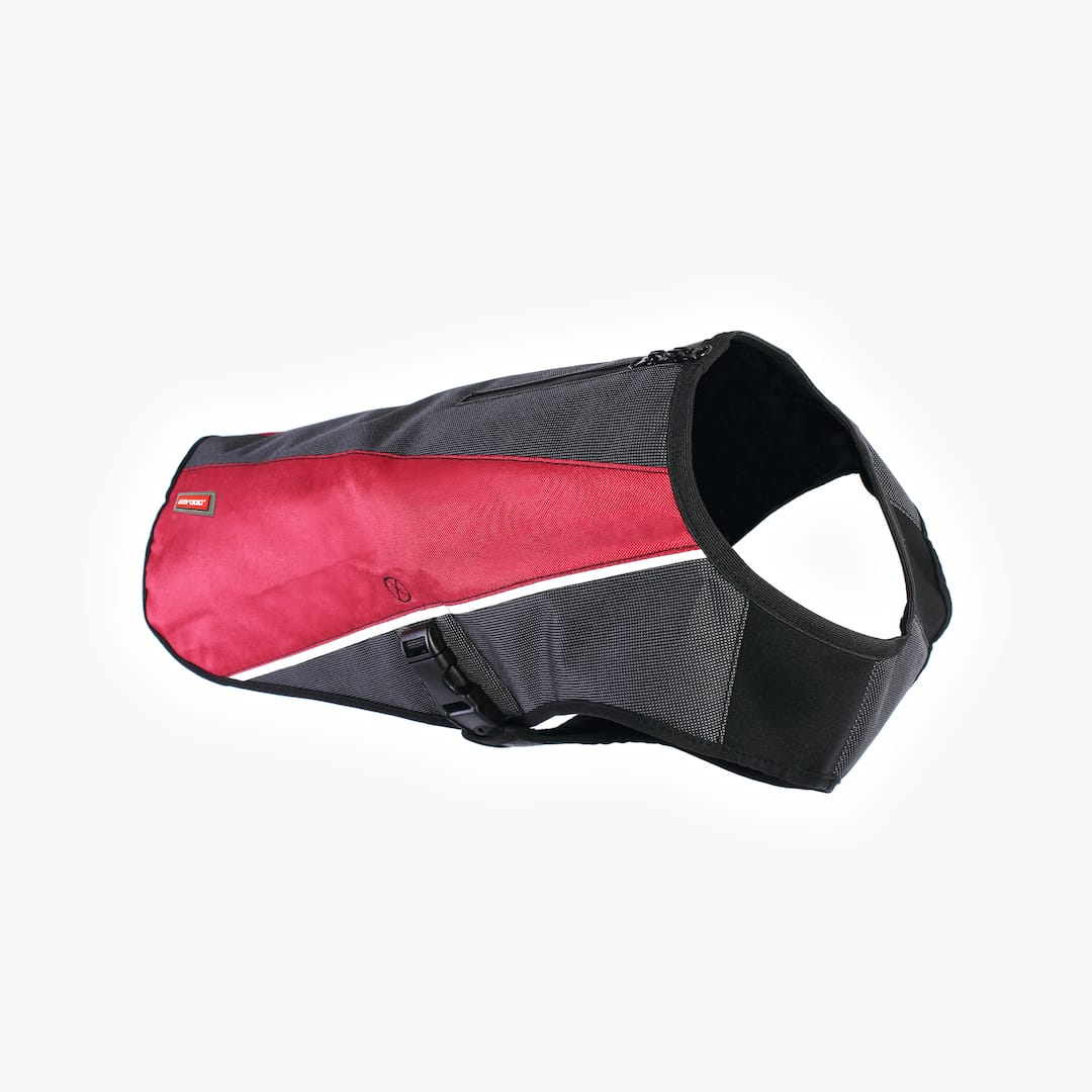 A black and red dog jacket with a white zipper.