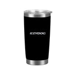 Black tumbler with silver lid and 'EZYDOG' branding on a white background