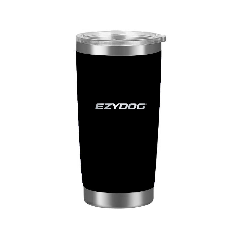 Black tumbler with silver lid and 'EZYDOG' branding on a white background
