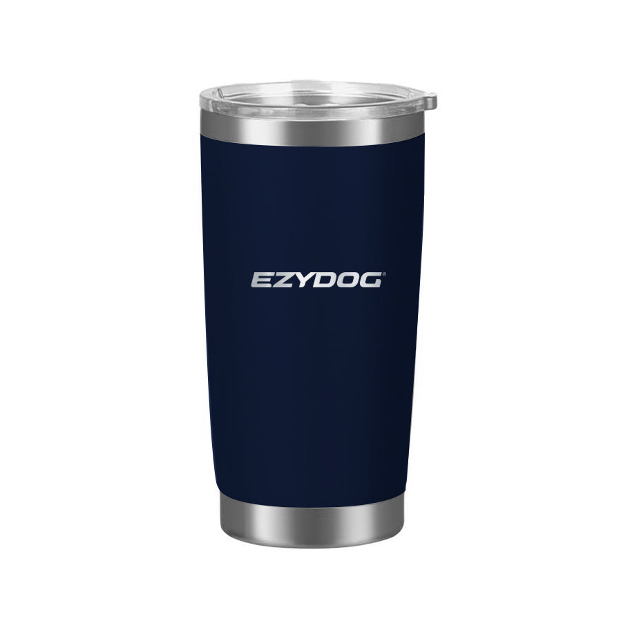 Navy blue tumbler with silver lid and 'EZYDOG' branding on a white background