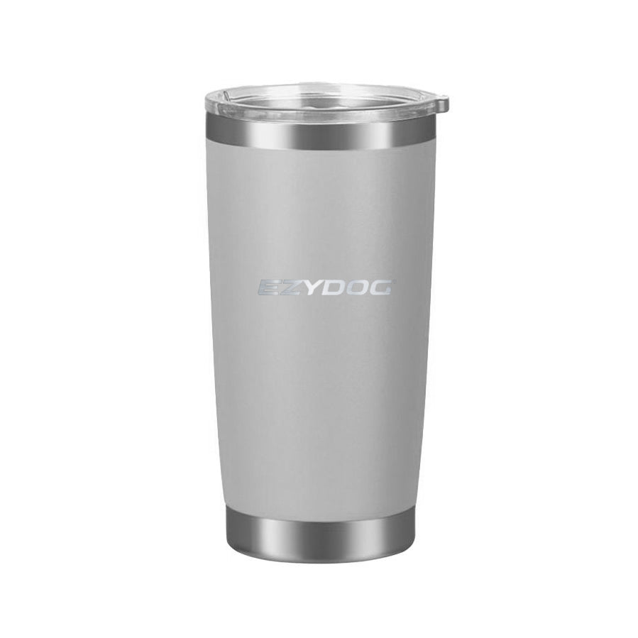 Gray tumbler with a silver lid on a white background