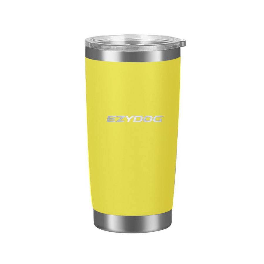 Yellow tumbler with silver lid on a white background