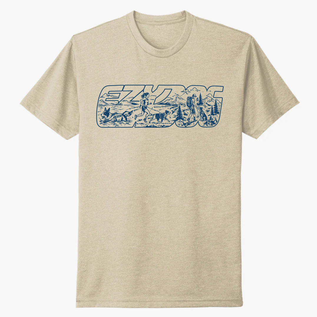 EzyDog Adventure T-Shirt featuring illustration of various lifestyle activities with dogs
