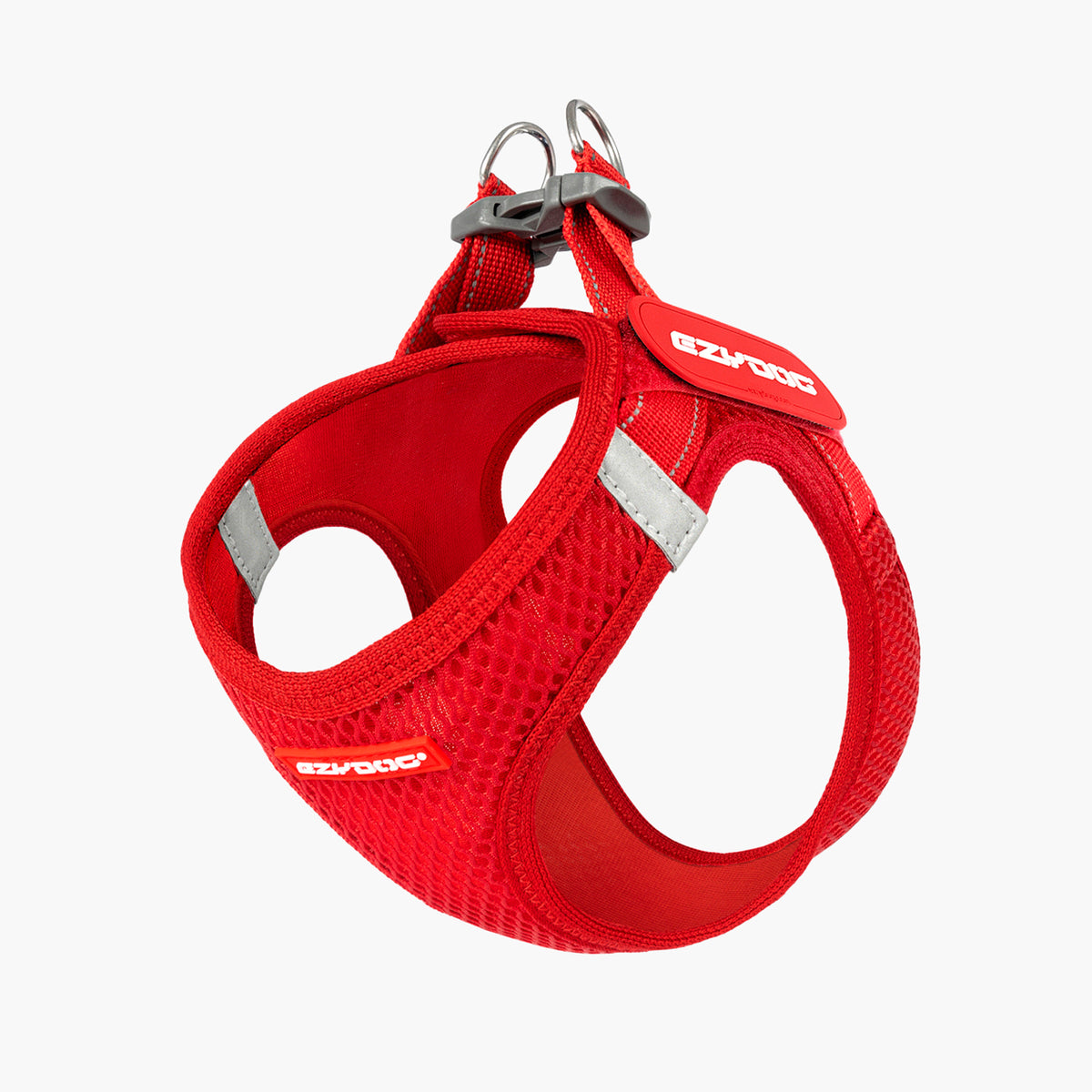 Font angle of red formfit mesh harness in white background.