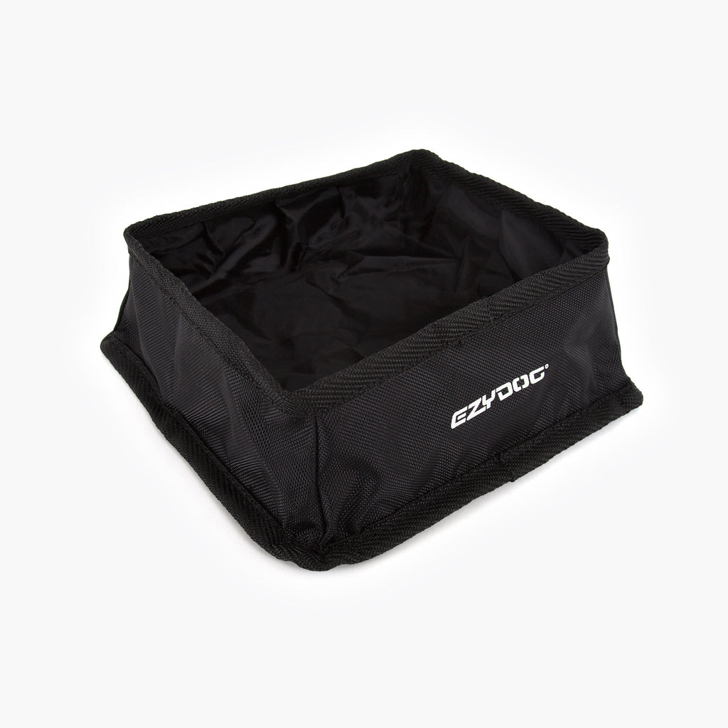 Black foldable bowl with 'EzyDog' branding on a white background