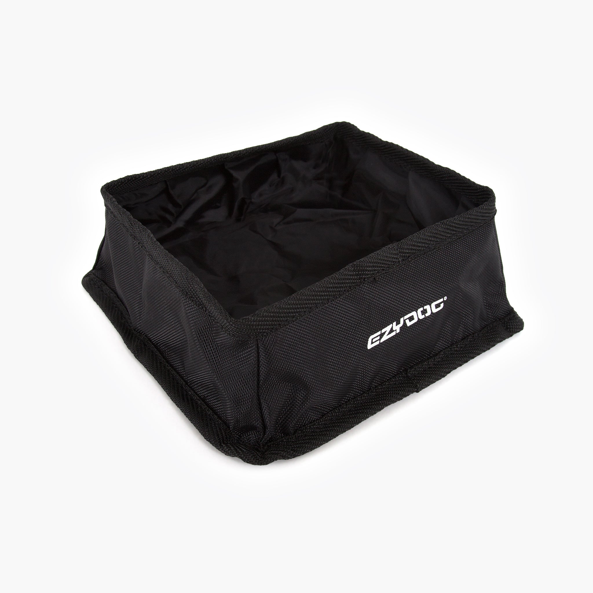 Black foldable bowl with 'EzyDog' branding on a white background