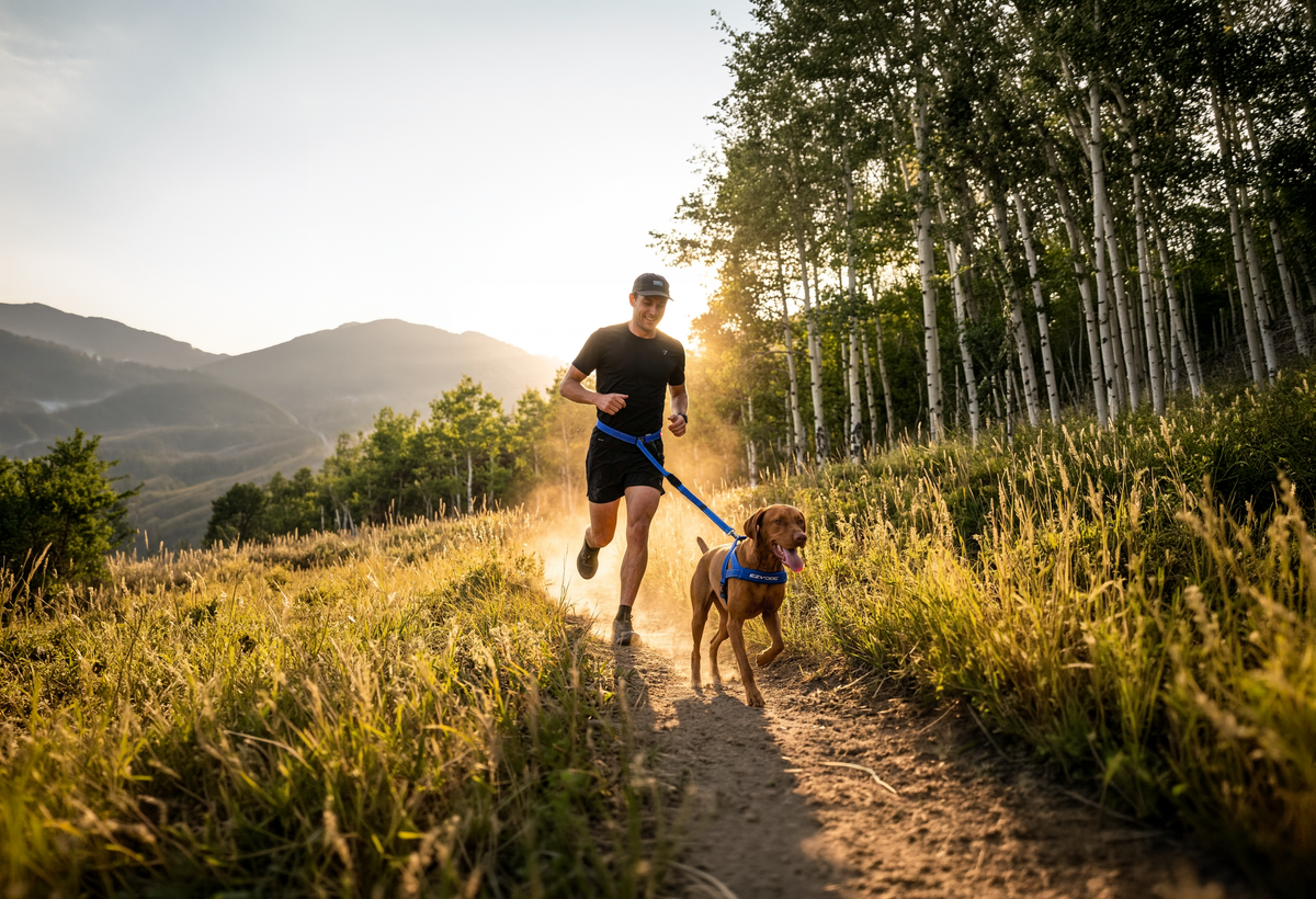 Man running through a field with a blue leash around his waist attached to a brown dog's blue harness